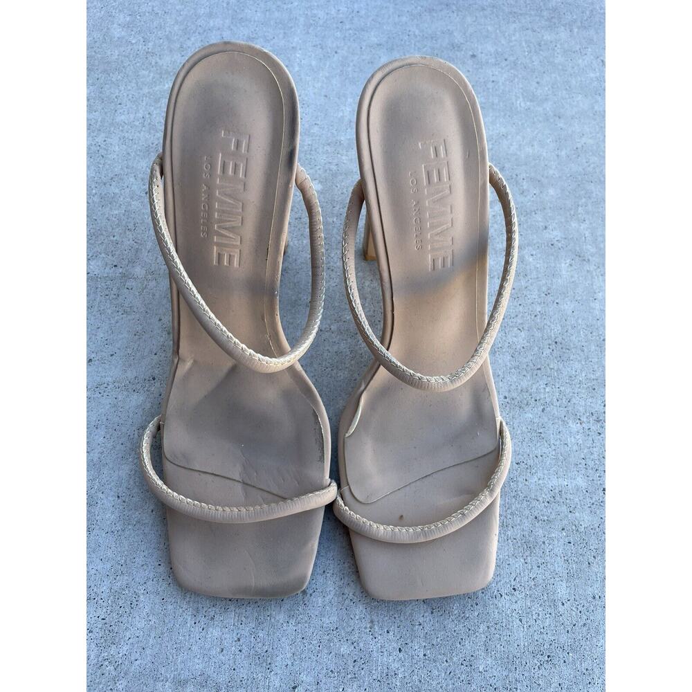 Femme Nude Leather Square Toe Minimal Slip On Mule Slide Sandal Heels Size 6